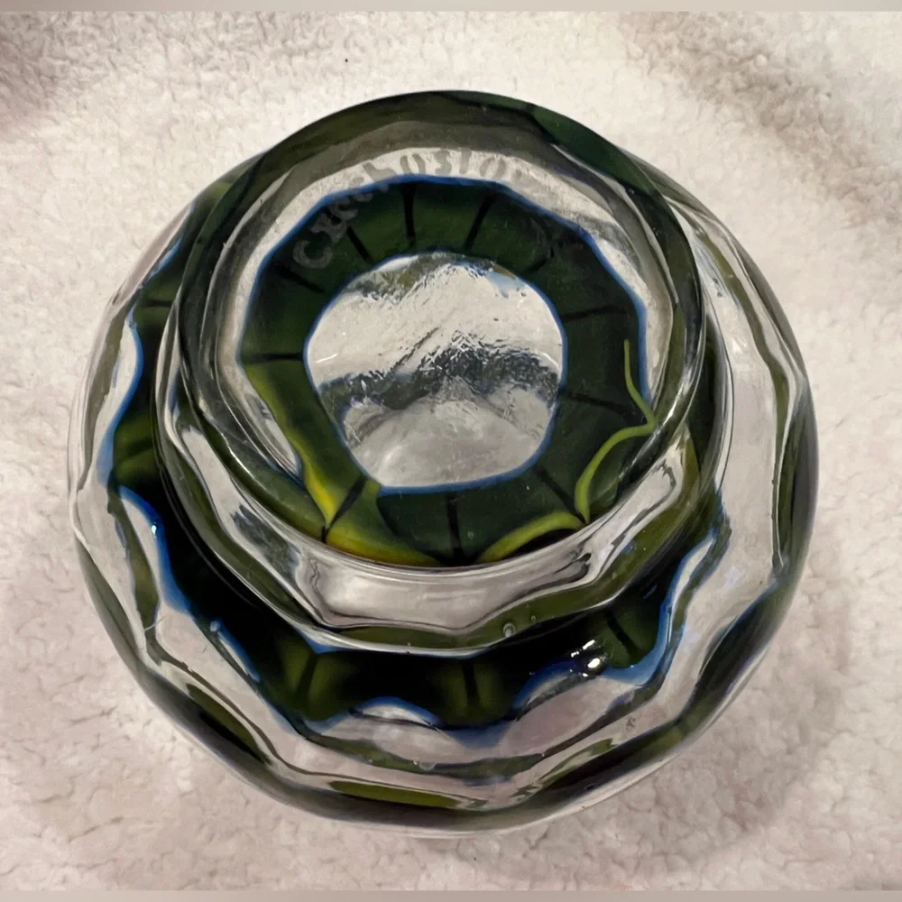 Vintage Czech Art Deco-era glass ball vase, likely by the Kralik glassworks, 30s